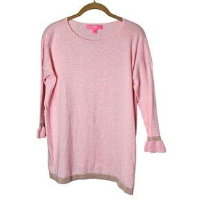 Lilly Pulitzer Pink 3/4 Sleeve Top Gold Trim Ruffle Cuffs XS Minimalist Workwear